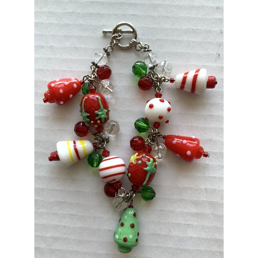 Christmas Bracelet Ceramic Bead Charms 8" Trees Bells Candy Cane